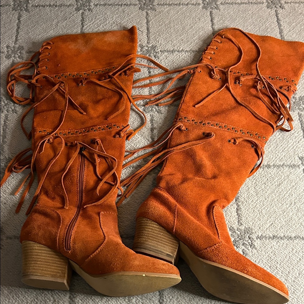 Anthropologie Mojo Moxy Rust Orange Lace-Up Suede Boots READ